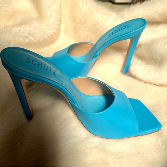 NEW Schutz Azure Blue Sandals Leather Walkable Heels Colorful Comfy Mules - Picture 6 of 10